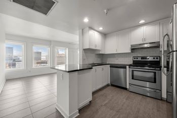 Kitchen with living room view